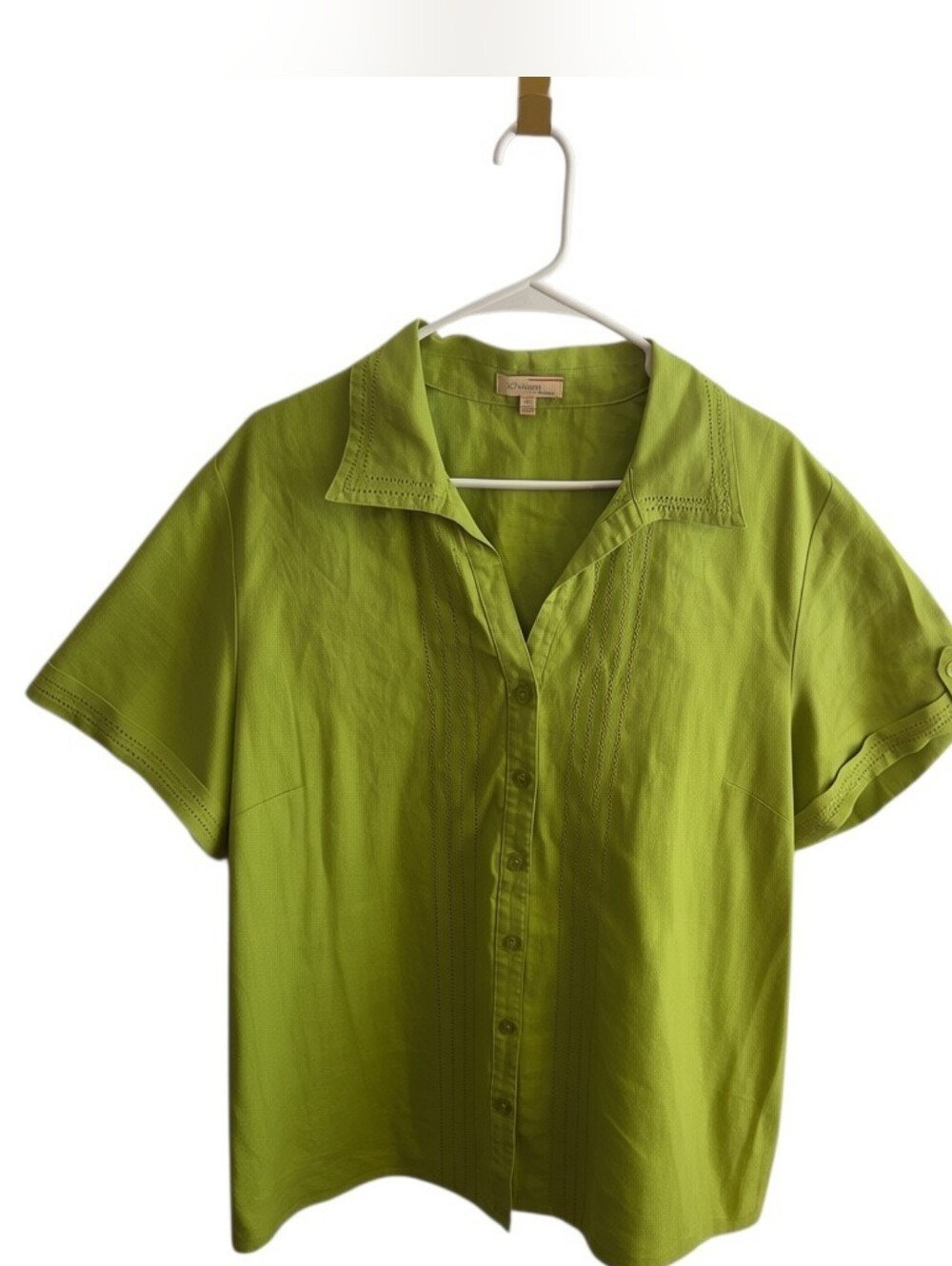 Vintage Choices Lime Green Linen Womens Button Up Blouse Roll Tab Sleeve Plus 1X